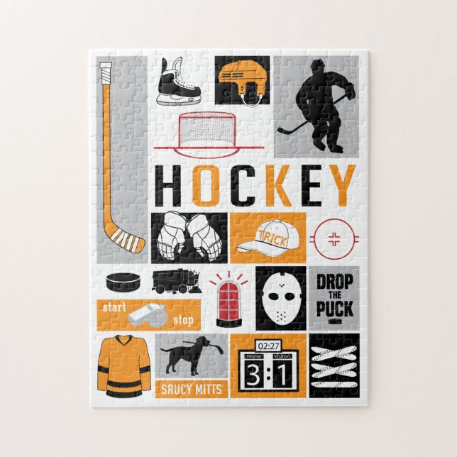 Orange Hockey Elements Stick Puck Player Jigsaw Puzzle (Vertical)