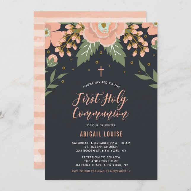 Orange Honey Blooms Floral First Holy Communion Invitation (Front/Back)