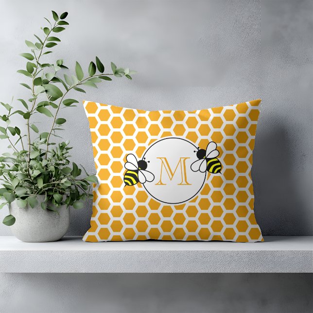 Orange Honeycomb and Bees Pattern Monogrammed Cushion (Creator Uploaded)