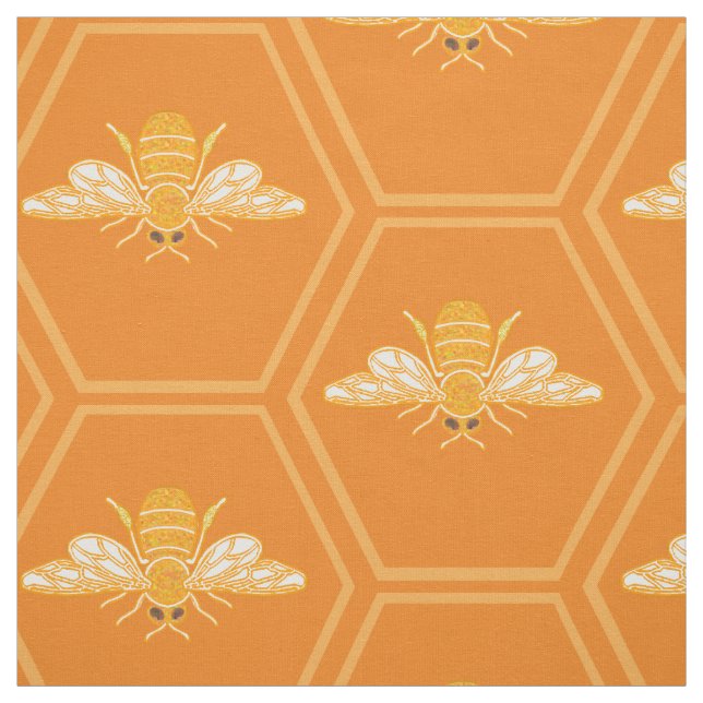 Orange honeycomb with honey bees fabric (Swatch)