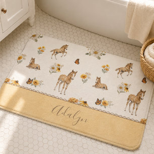 Orange Horse Wildflower Monogram Pattern  Bath Mat