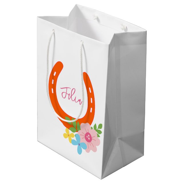 Orange Horseshoe Pink NAME Flowers Barn Girls Medium Gift Bag (Back Angled)