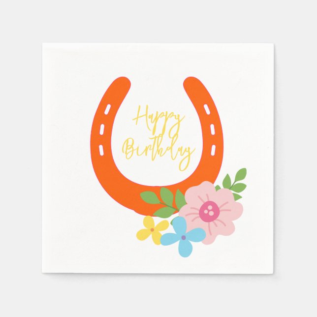 Orange Horseshoe Yellow HAPPY BIRTHDAY Flowers Fun Napkin (Front)