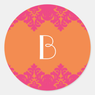 Orange & Hot Pink Damask Monogram Sticker
