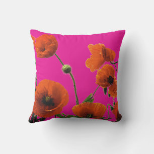 Orange Hot Pink Floral Poppy Flowers Art Abstract Cushion