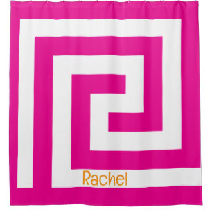 Orange Hot Pink Greek Key Monogram Name White Shower Curtain