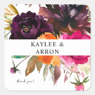 Orange, Hot Pink & Purple Fall Floral Thank You 2 Square Sticker