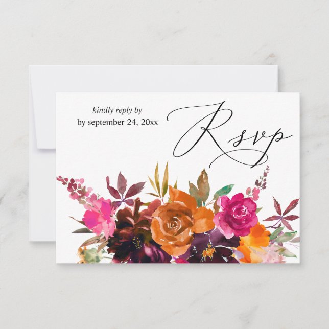 Orange, Hot Pink, & Purple Fall Floral with Meal RSVP Card (Front)