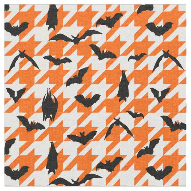 orange houndstooth halloween black bats  fabric (Close Up)