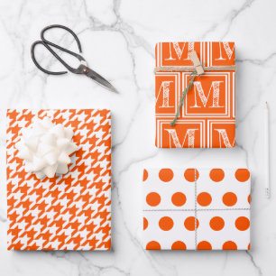 Orange Houndstooth Monogram Polka Dot Wrapping Paper Sheet