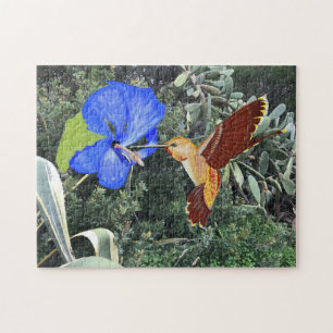 Orange Hummingbird and Blue Hibiscus Jigsaw Puzzle
