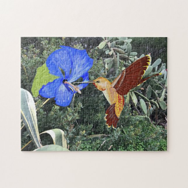 Orange Hummingbird and Blue Hibiscus Jigsaw Puzzle (Horizontal)