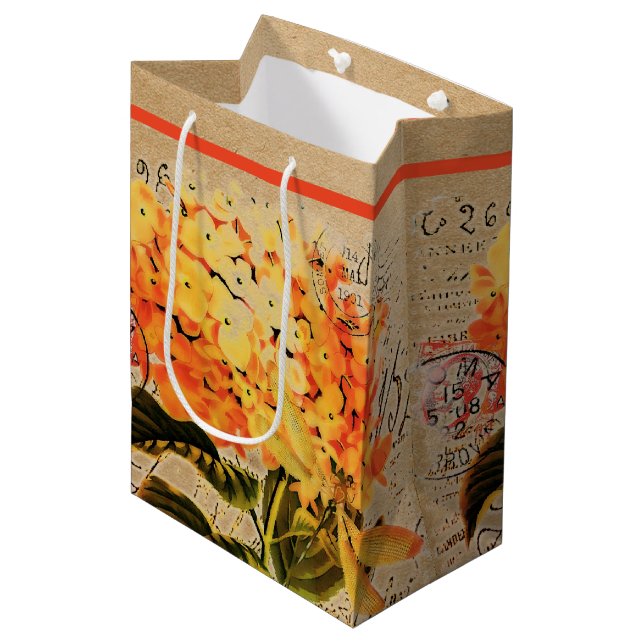 Orange hydrangea and dragonfly medium gift bag (Front Angled)