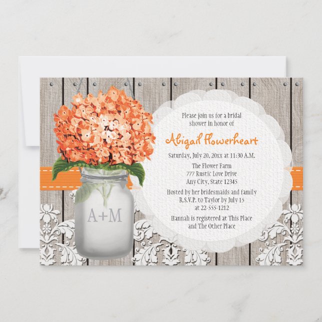 Orange Hydrangea Mason Jar Bridal Shower Invitation (Front)
