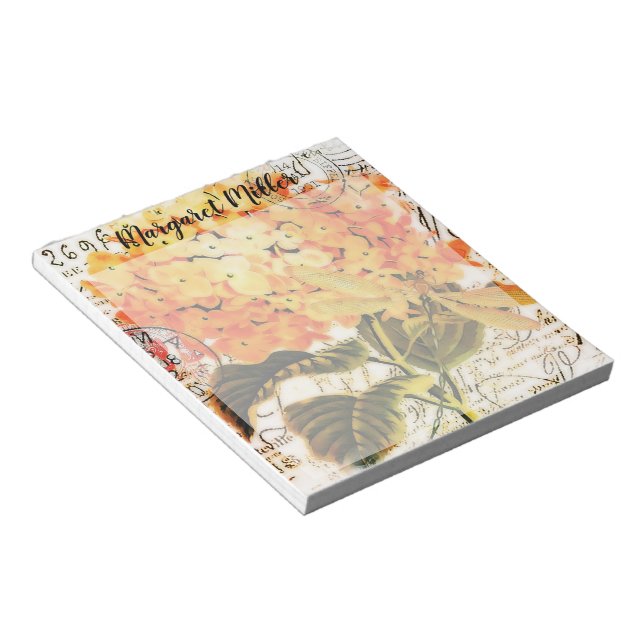 Orange hydrangea personalised notepad (Angled)