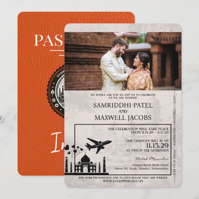 Orange India Passport Wedding Invitation (Front/Back)