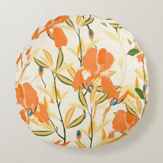Orange irises: seamless floral pattern round cushion