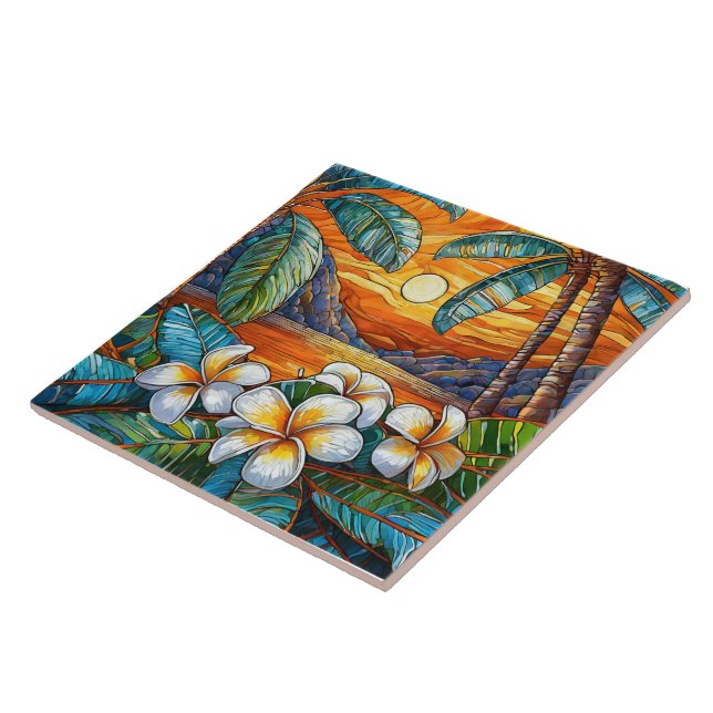 Orange island sunset Stained glass art Ceramic Tile (Side)