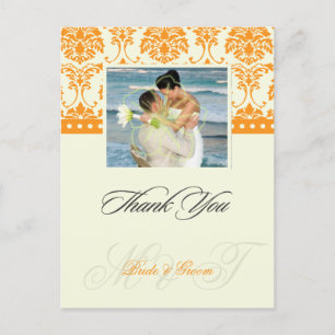 Orange +  Ivory Damask Thank You Photo postcards, Postcard