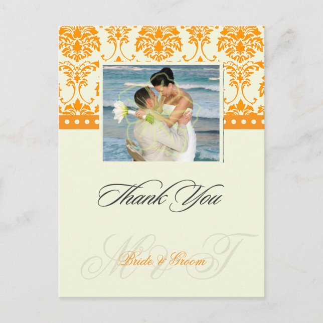 Orange +  Ivory Damask Thank You Photo postcards, Postcard (Front)