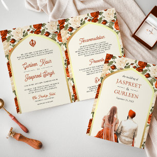 Orange Ivory Floral All in One Sikh Wedding Invitation