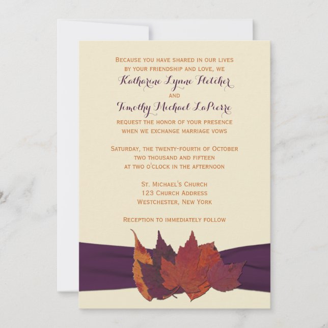 Orange, Ivory, Purple Dried Leaves Wedding Invite (Front)
