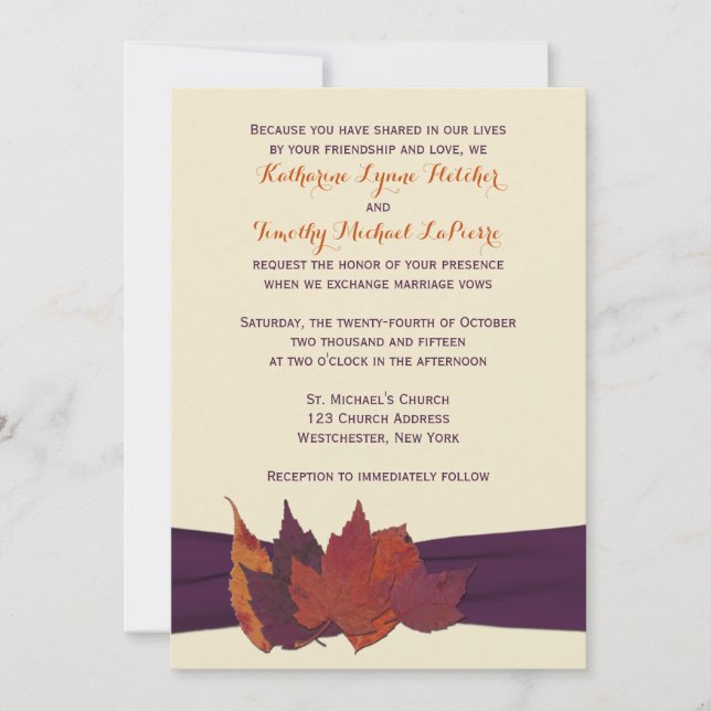 Orange, Ivory, Purple Dried Leaves Wedding Invite (Front)