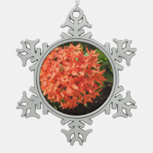 Orange Ixora Flower Snowflake Pewter Christmas Ornament