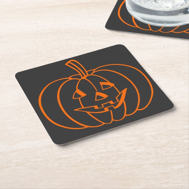Orange Jack-O-Lantern Pumpkin Outline on Black Square Paper Coaster (Angled)