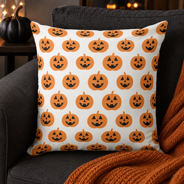 Orange Jack O Lantern Pumpkin Pattern Halloween Cushion (Creator Uploaded)