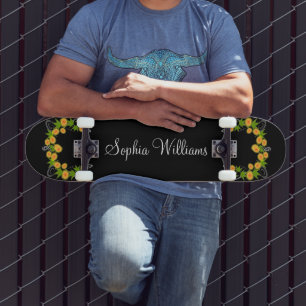 Orange Japanese flowers black Skateboard