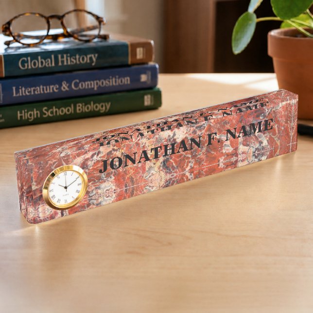 Orange Jasper Stone Desk Name Plate With Clock