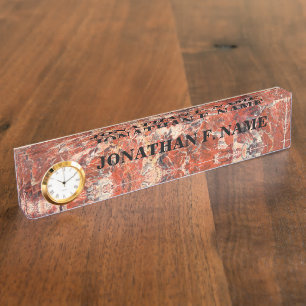 Orange Jasper Stone Desk Name Plate With Clock