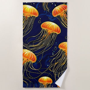 Orange Jellyfish Pattern Art Beach Towel
