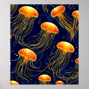 Orange Jellyfish Pattern Art Poster