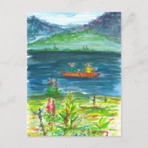 Orange Kayak Mountain Lake Watercolor Postcard