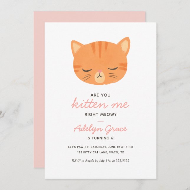 Orange Kitten Girl Birthday Invitation (Front/Back)