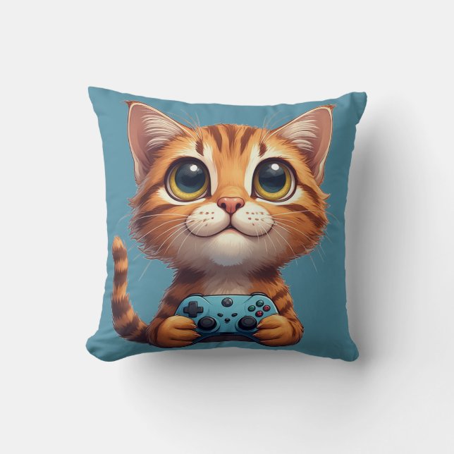 Orange Kitten Holding Game Controller Gamer Cat Cushion (Front)