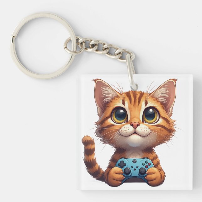 Orange Kitten Holding Game Controller Gamer Cat Key Ring (Front)