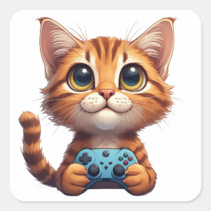 Orange Kitten Holding Game Controller Gamer Cat Square Sticker