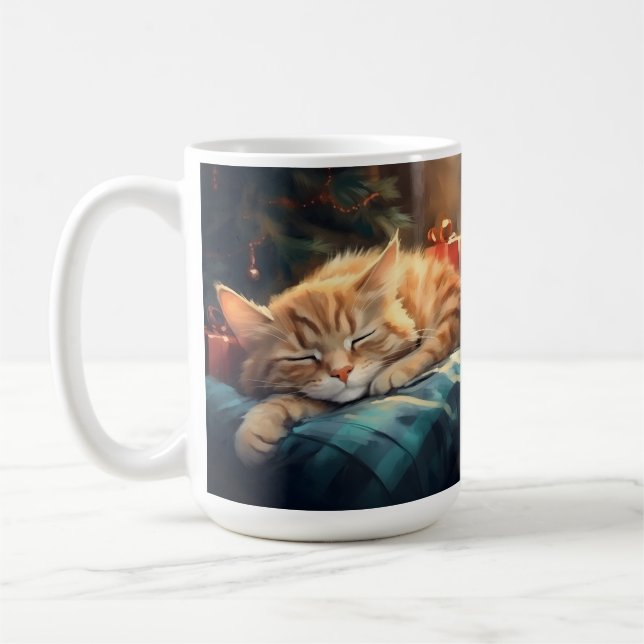 ORANGE KITTEN SLEEPING UNDER CHRISTMAS TREE COFFEE MUG (Left)