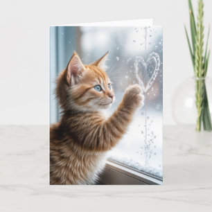 Orange Kitten With A Frosty Window Heart Card