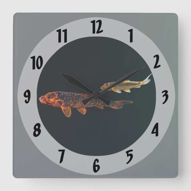 Orange Koi and Gold Koi Square Wall Clock (Front)
