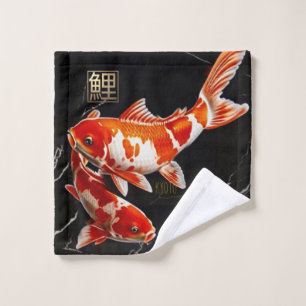 Orange Koi Fish Black Marble Gold Wash Cloth