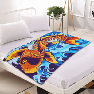 Orange Koi Fish Blue Fleece Blanket