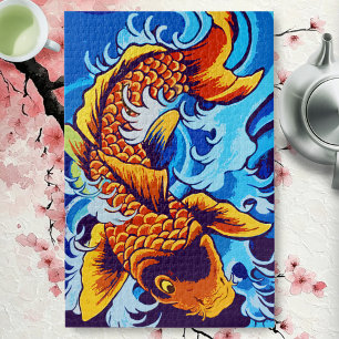 Orange Koi Fish Blue Jigsaw Puzzle