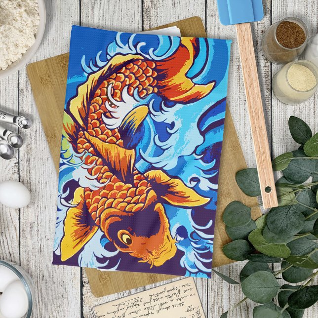 Orange Koi Fish Blue Tea Towel (Creator Uploaded)