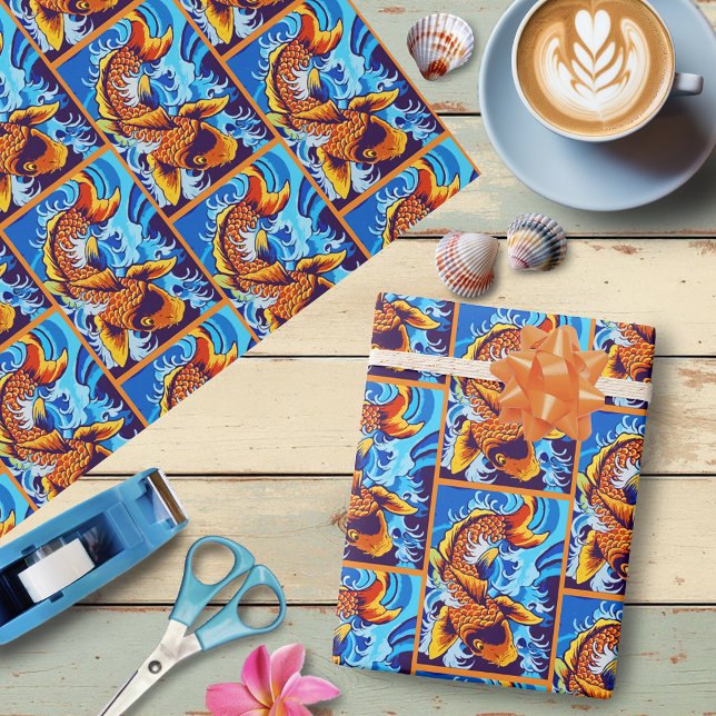Orange Koi Fish Blue Wrapping Paper (Creator Uploaded)