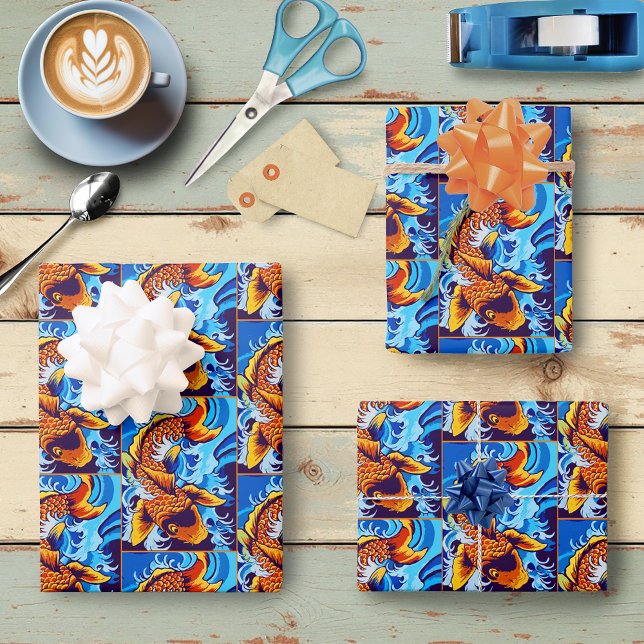Orange Koi fIsh Blue Wrapping Paper Sheet (Creator Uploaded)