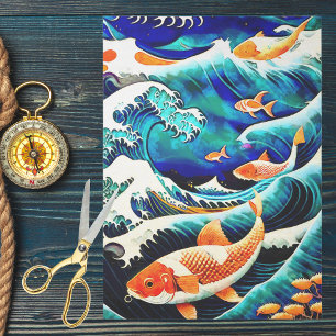 Orange Koi Fish in a Great Wave Japanese Style   Tissue Paper